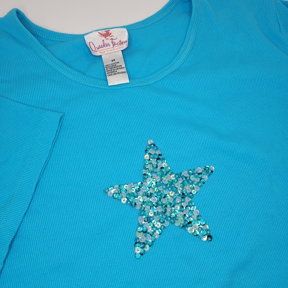 Quacker Factory Star Sequin Top Womens 3X Blue Excellent Ribbed Short Sleeve Tee